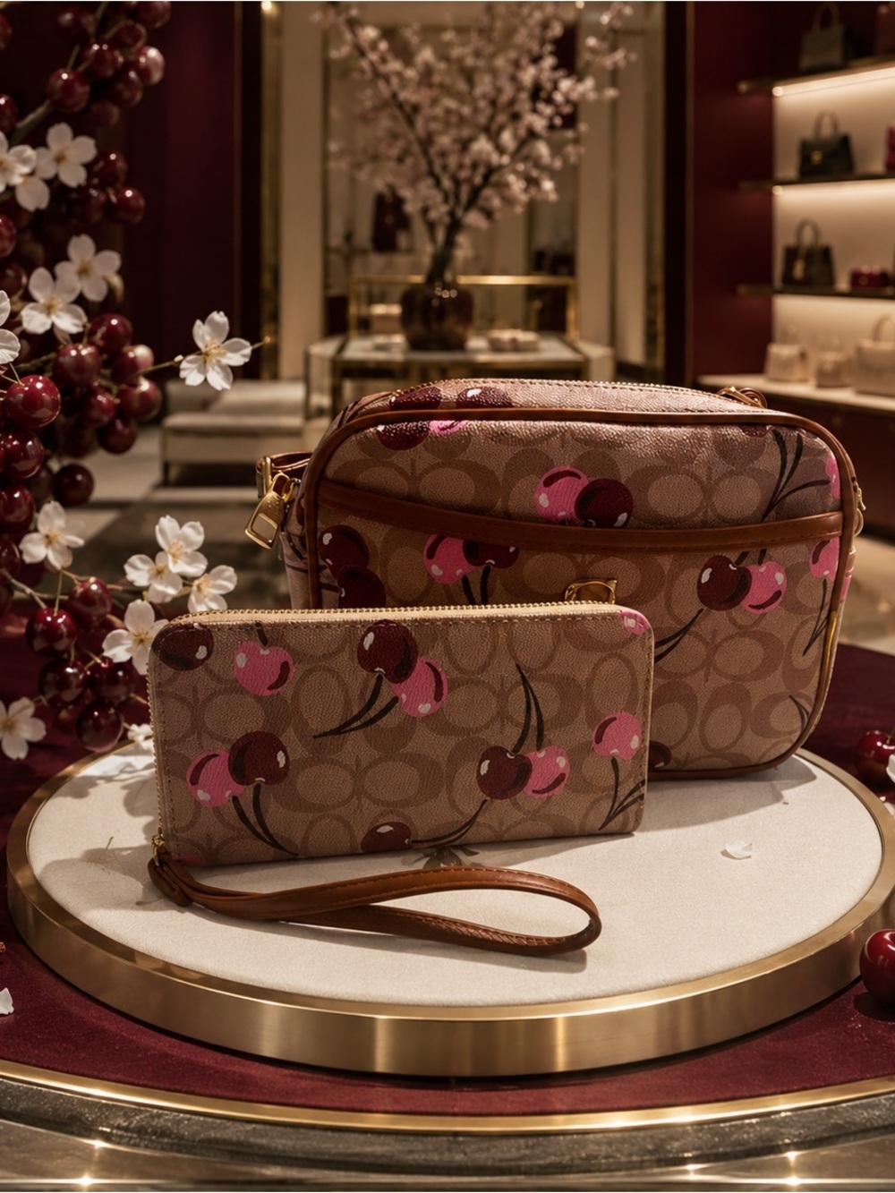 Cherry-Print Crossbody Bag and Wristlet — Brown with Pink Accents